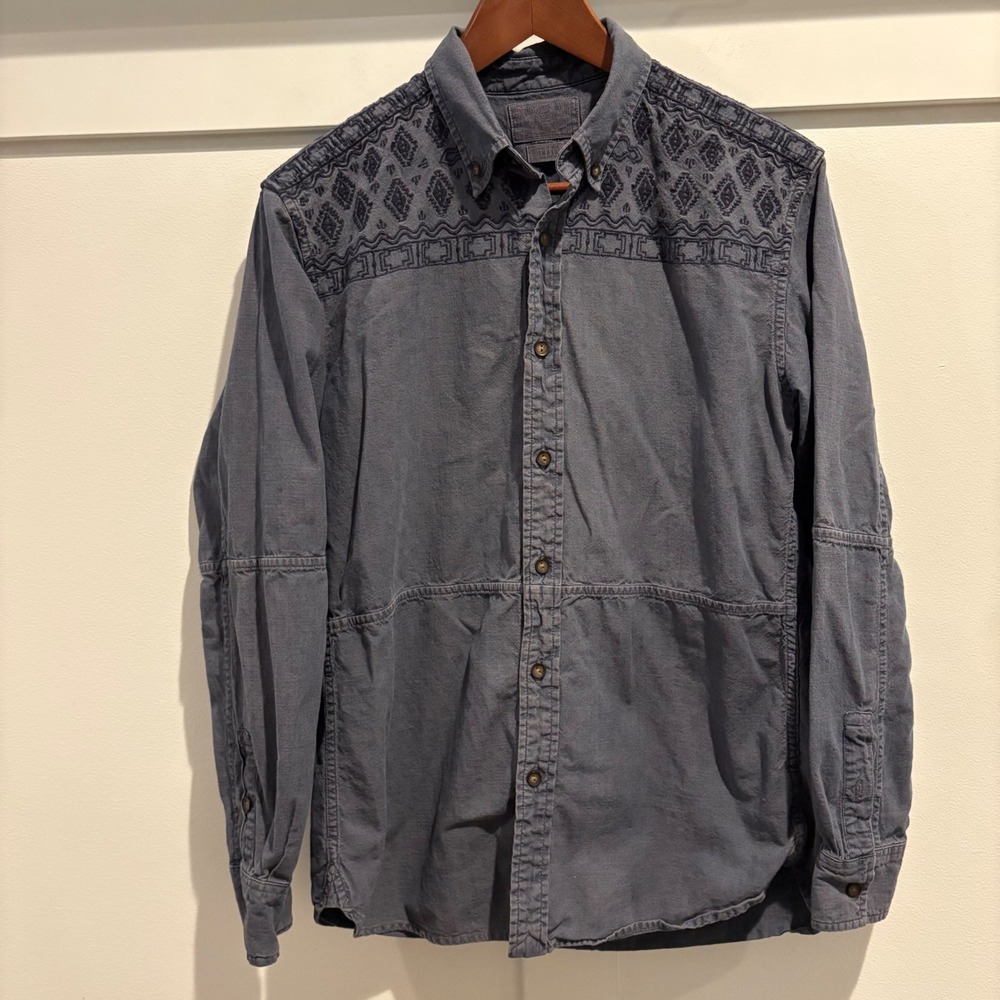 Lucky Brand Indigo Embroidered Western Shirt Men Small Blue Southwestern‎ y2K